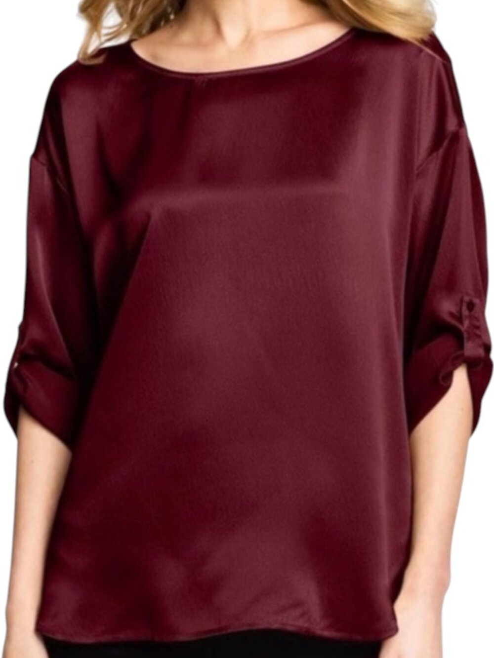 Eileen Fisher Silk Satin Blouse Top Shirt Tunic Roll Tab Maroon Red M
